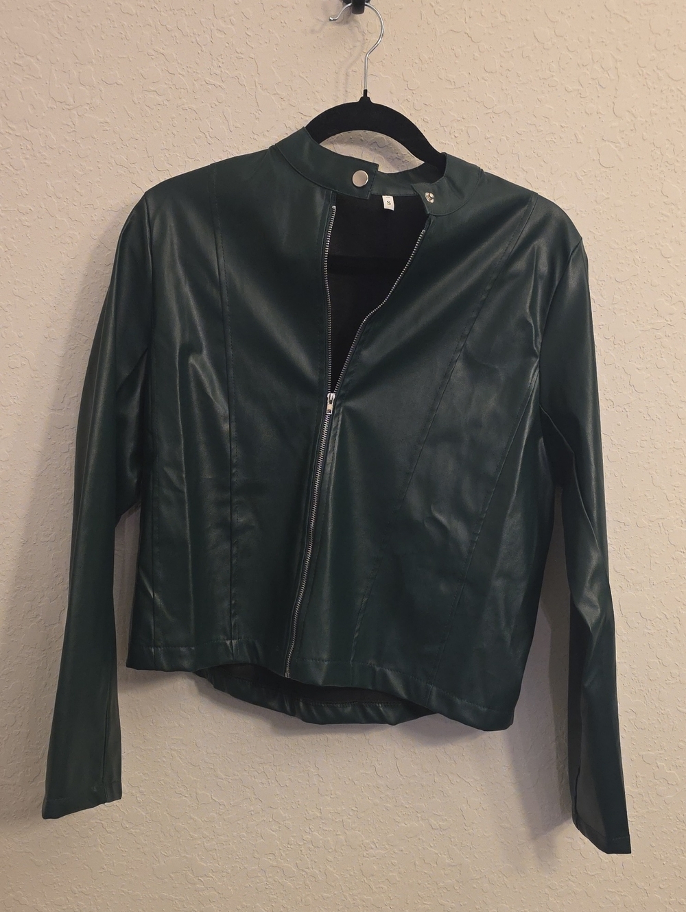 Womens Dark Green Faux Leather Zip Moto Jacket